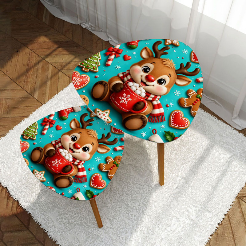 Ensemble de 2 tables basses gigognes triangulaires modernes, motif Rudolph et renne au nez rouge, style années 50, empilables, idéales pour le salon, la chambre ou un appartement.