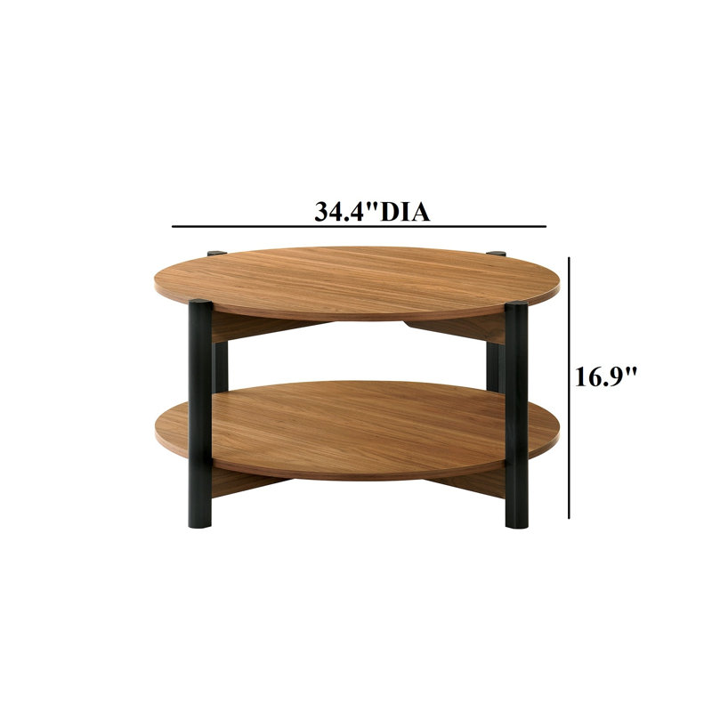 Table basse ronde en bois d'ingénierie finition noyer avec tablette ouverte - Mobilier de salon de style transitionnel