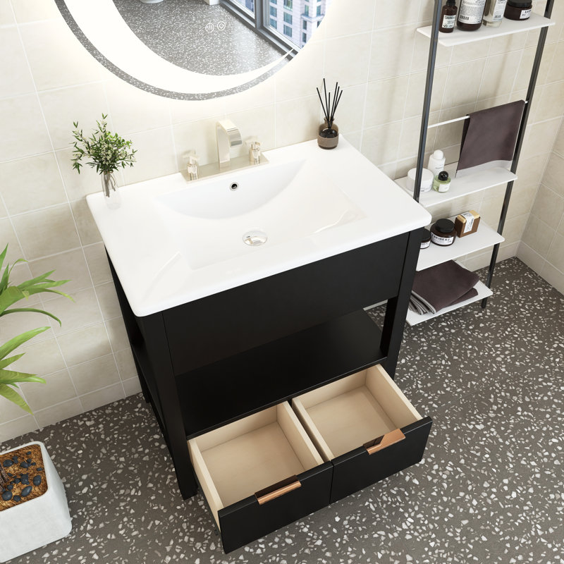 Jerid 30'' Single Bathroom Vanity with Ceramic Top, Black, Gold
