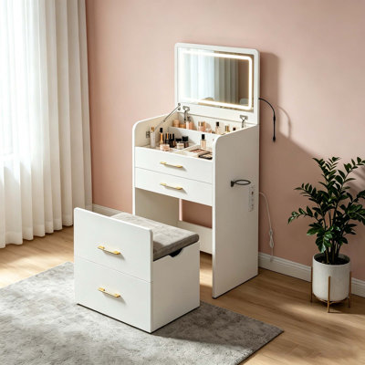 Meuble-lavabo 3 en 1 avec prise de courant et miroir DEL, coiffeuse rabattable de 23,6 po avec station de charge, 3 tiroirs, plateau en verre et tabouret rembourré pour la chambre à coucher