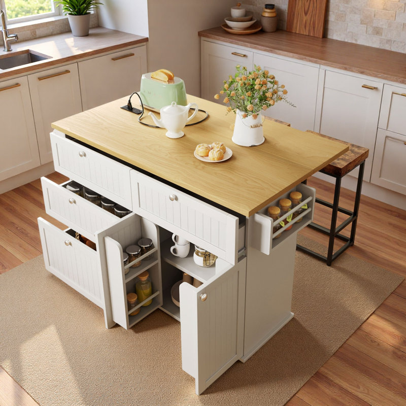Farmhouse Kitchen Island With Drop Leaf, Storage Cabinet, Drawers, Door Shelves, Power Outlet And 2 Dining Stools