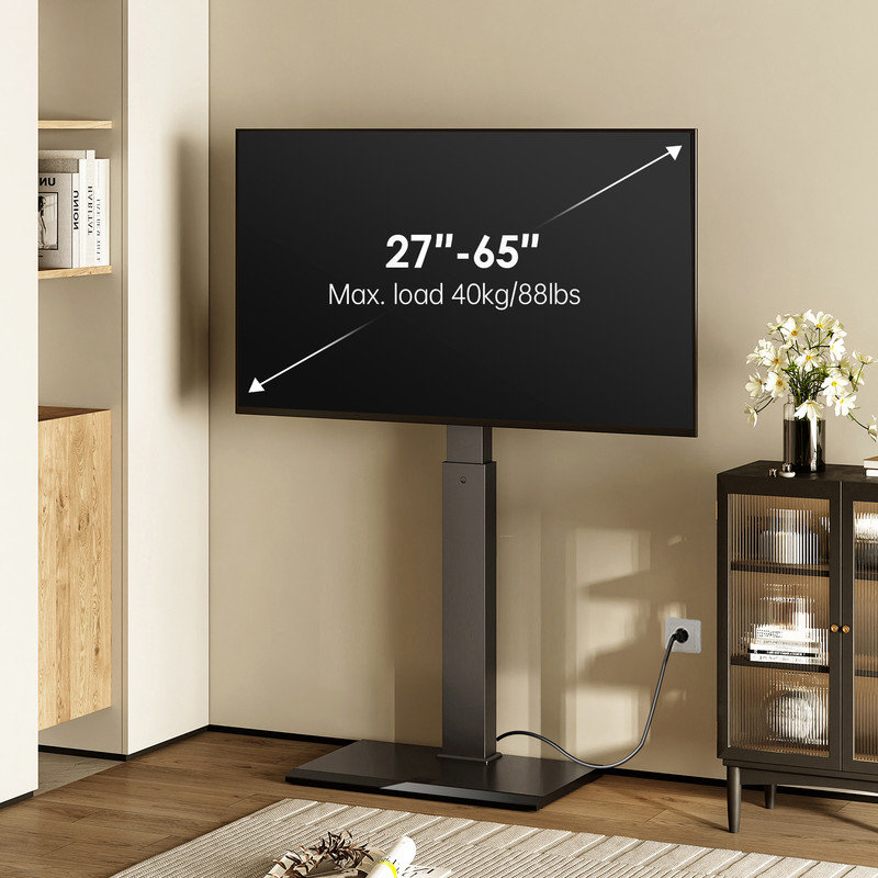 FITUEYES Swivel Floor TV Stand with Power Outlet for 27-65 inch TVs with Iron Base , Modern TV Mount with Height Adjustable and Holds up to 88LBS