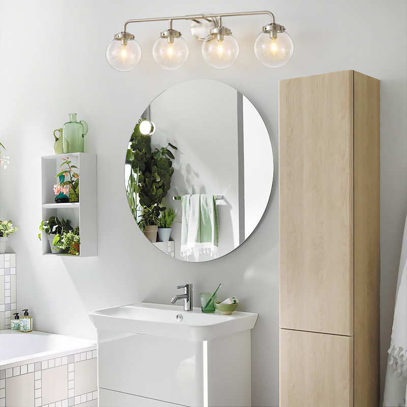 Karlei Dimmable Vanity Light with Hand Blown Glass Globe Shade, 4, Nickel, Transparent