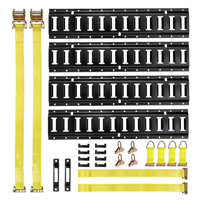 Ensemble de rail d'attache E-Track, rails de rail en E de 2 pi, comprend 2 sangles à cliquet et 4 joints toriques et 4 attaches avec anneau en D et 2 fentes simples et 8 embouts, adaptés aux garages et aux remorques