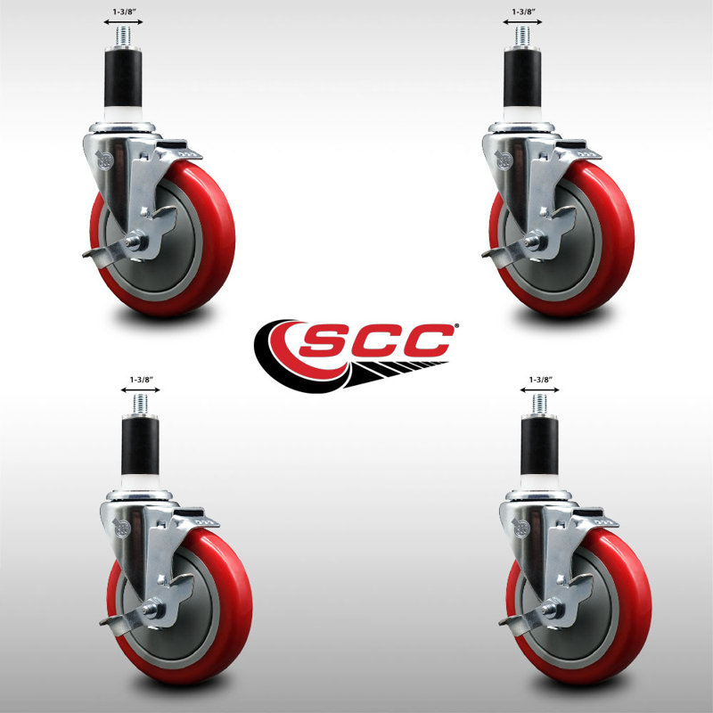 Ensemble de roulettes extensibles en polyuréthane pivotant de 5 po à 1 3/8 po avec frein SCC, Rouge