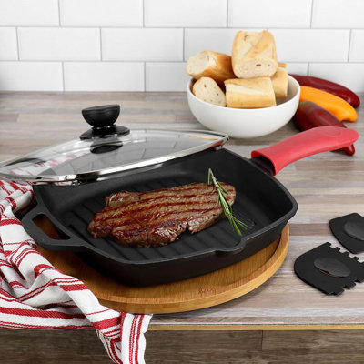 Pre-seasoned Cast Iron Griddle Pan With Tempered Glass Lid, 10.4-inch Square Grill Pan For Indoor Cooking, Even-heat Skillet For Steak, Chicken & Burgers