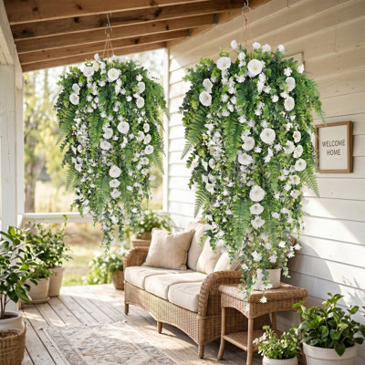 4 pièces de vignes suspendues artificielles 29,9 "avec roses blanches et verdure - décoration murale bricolage