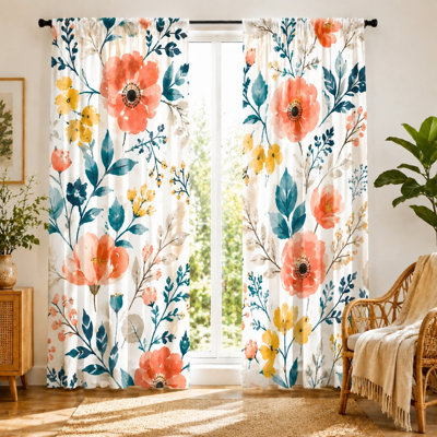 2Pcs Watercolor Floral Curtains with Large Coral Poppy and Leaf Print, Botanical Style, Bohemian Theme, Decorative Window Treatment, Ideal for Living Room, Bedroom, Sunroom, Natural Light Filtering, Rod Pocket Hanging