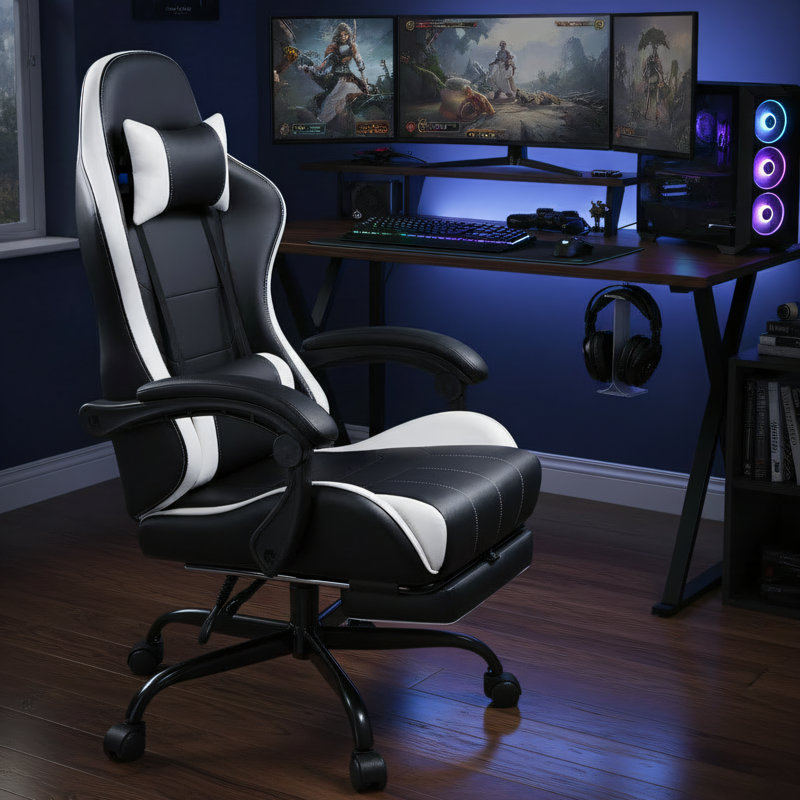High-Back Reclining Leather Gaming Chair, White And Black, With Footrest And Lumbar Support, Height Adjustable, Ergonomic And Comfortable Computer Chair For Home And Office Use.