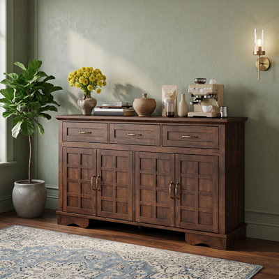 Farmhouse Buffet Cabinet with Glass Doors, 3 Drawers & Adjustable Shelves, Kitchen Sideboard Storage Cabinet, Entryway Console Table, Wood Credenza