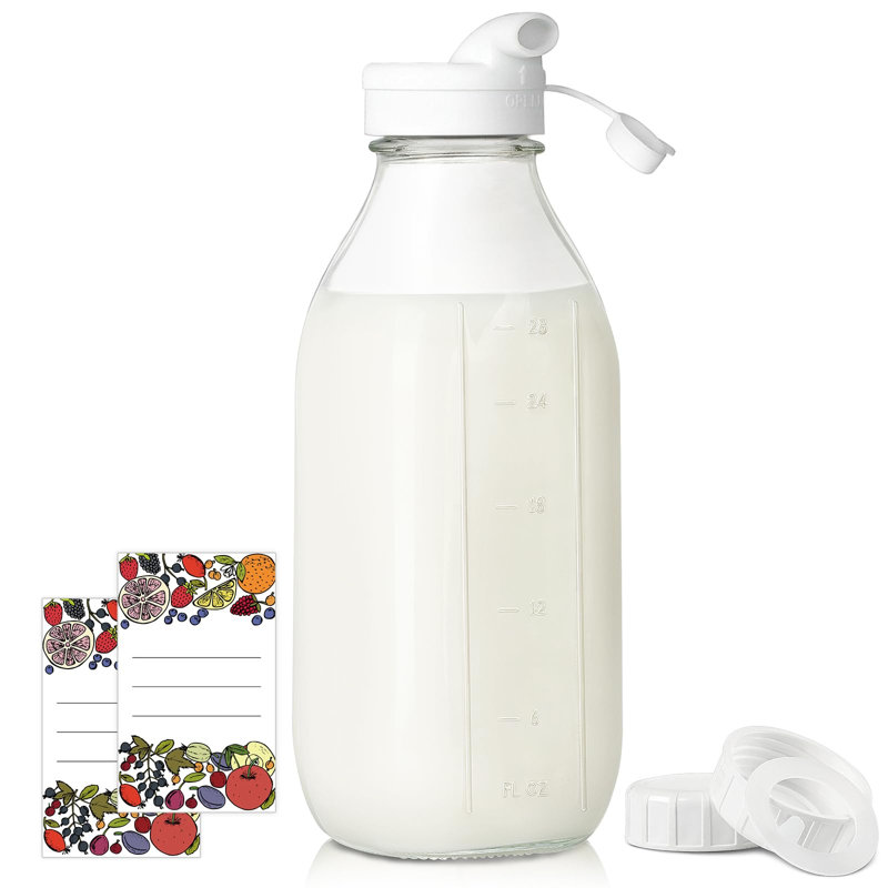 Bouteille de lait en verre réutilisable 32 oz avec couvercle et bec verseur transparent Syntic (extra 1 couvercle)