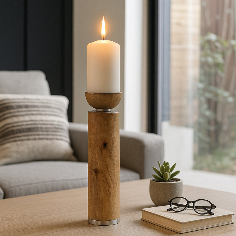 Sleek Candle Holder for Living Room Display - Modern Tabletop Candle Holder in a Natural Finish, 14" H x 4" W x 4" D