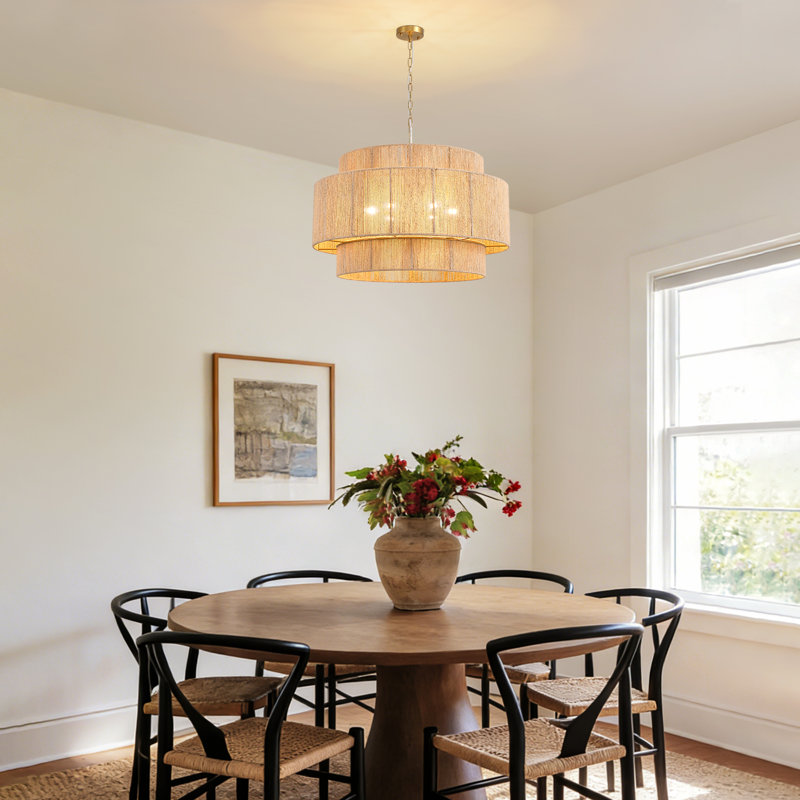 Lustre en rotin tissé à la main à 6 lumières à intensité variable, H 19,48 po x l 31,49 po x P 31,49 po