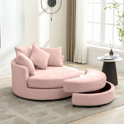 Fauteuil demi-tonneau pivotant à 360 ° avec repose-pieds avec rangement et 4 coussins, fauteuil de loisirs moderne en chenille pour salon