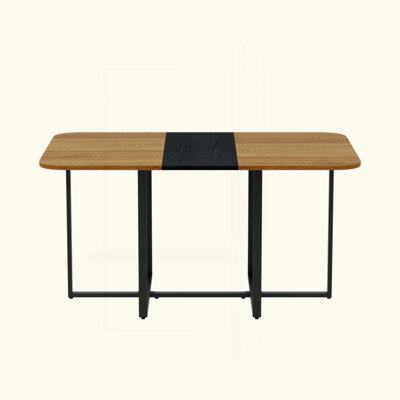 7-Piece Rectangular Dining Table Set, Fixed Two-Tone Wood Grain & Black Triamine Tabletop with 6 Velvet Chairs, Modern Kitchen Table Set for 6 People,