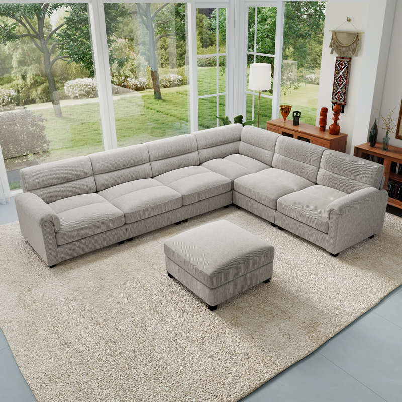 Canapé modulaire rembourré en velours côtelé 7 pièces avec repose-pieds Dona, Light Grey Corduroy