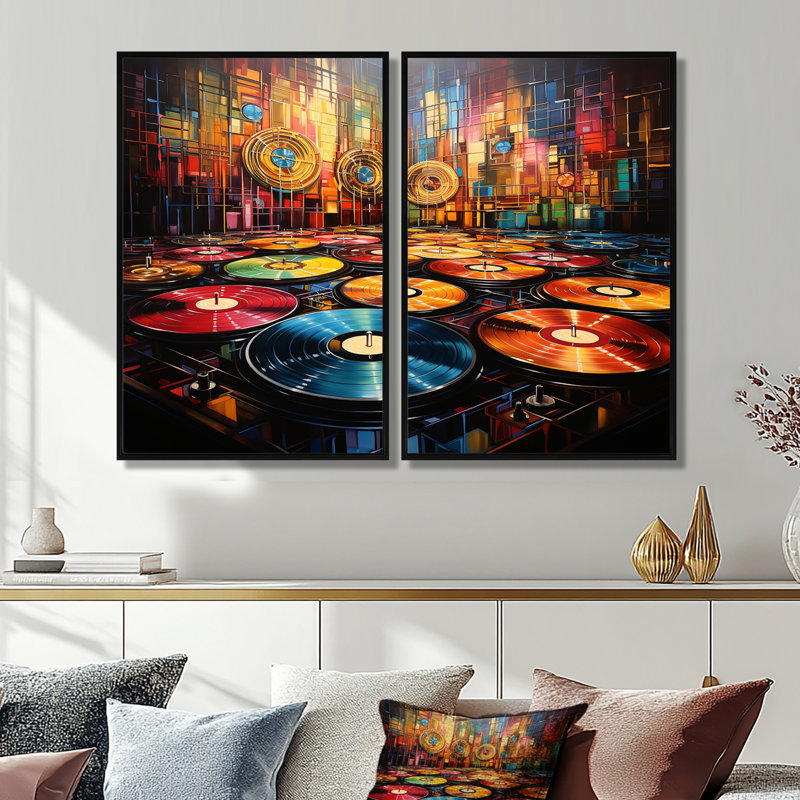 Vinyle Disque Rythme Résonance II - Décoration murale moderne 2 panneaux, Black, 36" H x 48" W, Impression encadrée flottante