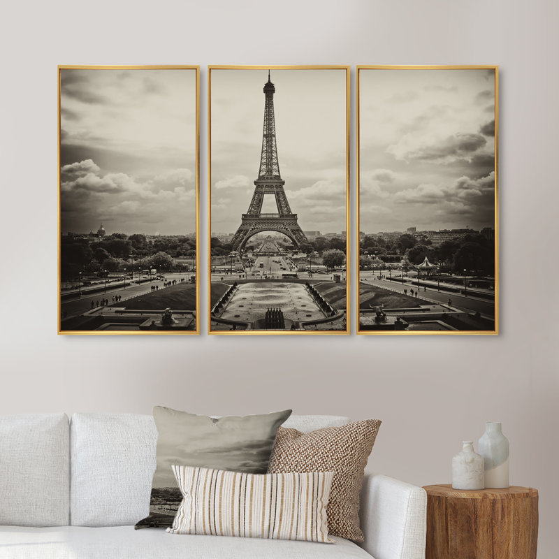 Vue rétro de Paris, France - 3 pièces, cadre photo flottant sur toile, H 32 po x l 48 po x P 1 po, Cadre doré