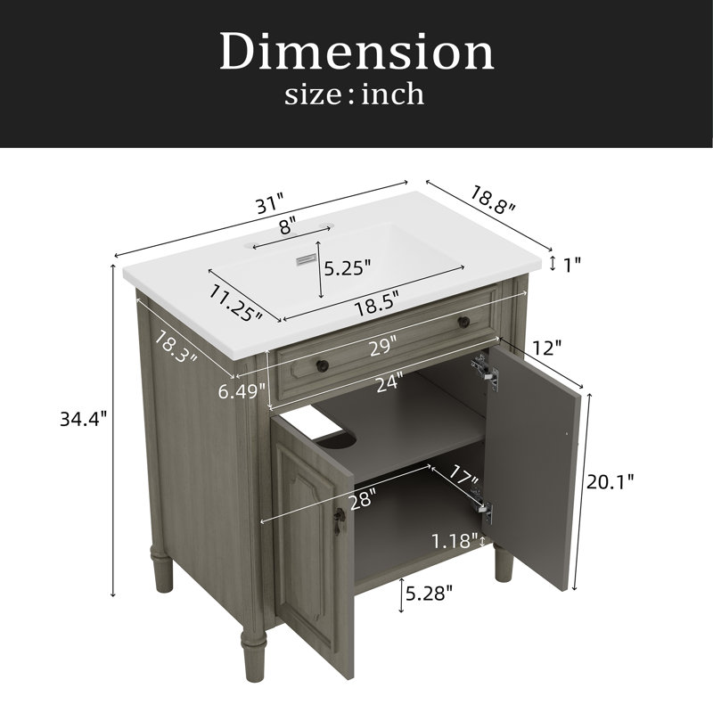 Meuble-lavabo vintage 31 po avec lavabo, armoire de salle de bain rustique avec portes à fermeture en douceur et tablette réglable, conception à profil courbé, pieds en bois d'hévéa