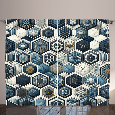 Ambesonne Curtains 2 Panel Set, Exotic Boho Honeycomb, Ecru Almond Slate Blue -  p_sd1866_108x96