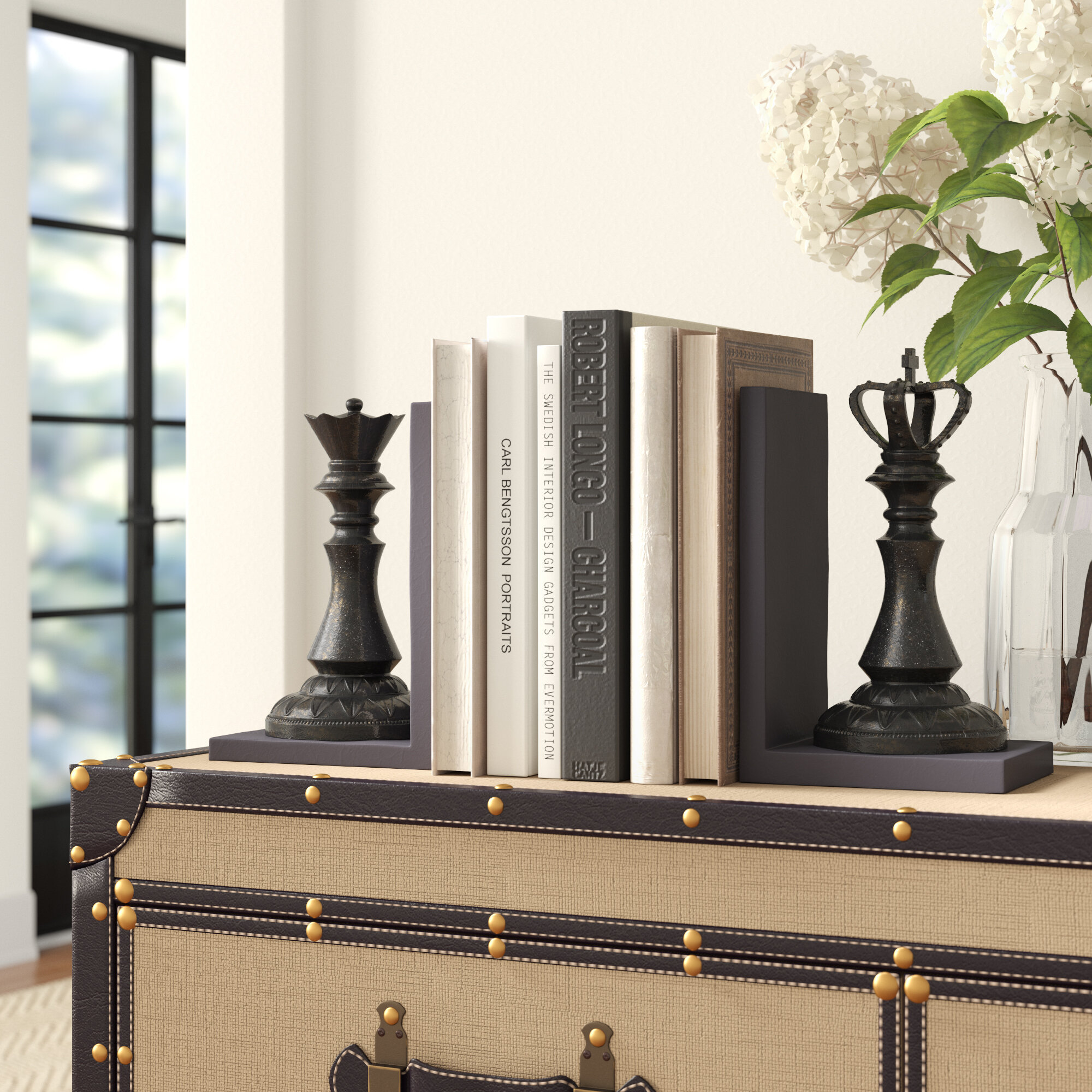 Wayfair | Three Posts™ 2 Piece Black Resin Chess Bookends with King and Queen Set