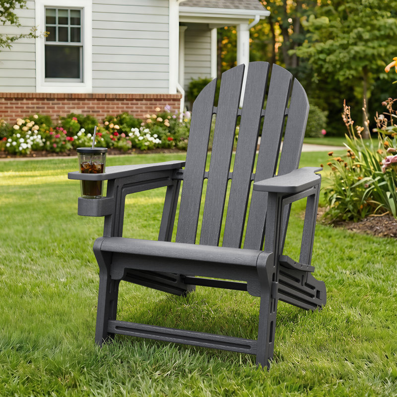 Chaise Adirondack d'extérieur en PEHD avec assemblage sans outil et porte-gobelet, Gris, 1