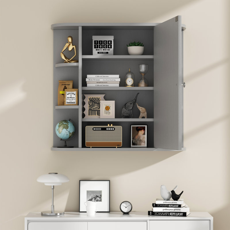 Armoire de salle de bain avec miroir et amplement de tablettes de rangement, Gris