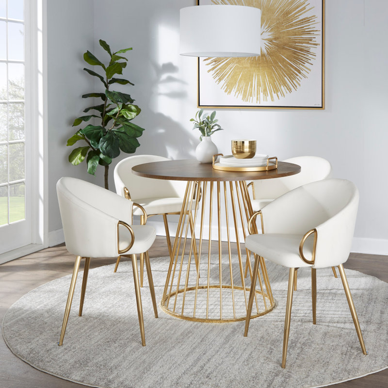 Table de salle à manger contemporaine en métal doré et panneau de fibres à densité moyenne, Noyer