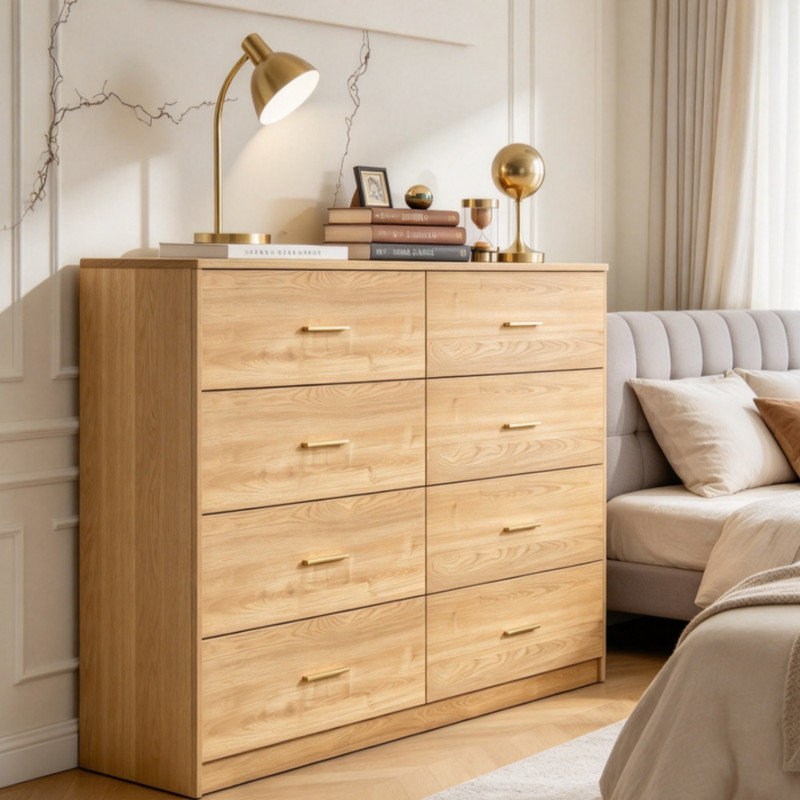Commode moderne à 8 tiroirs en bois naturel pour la chambre à coucher, vaste commode de rangement, armoire de rangement robuste en bois sécuritaire pour la chambre à coucher, salon multi-scène