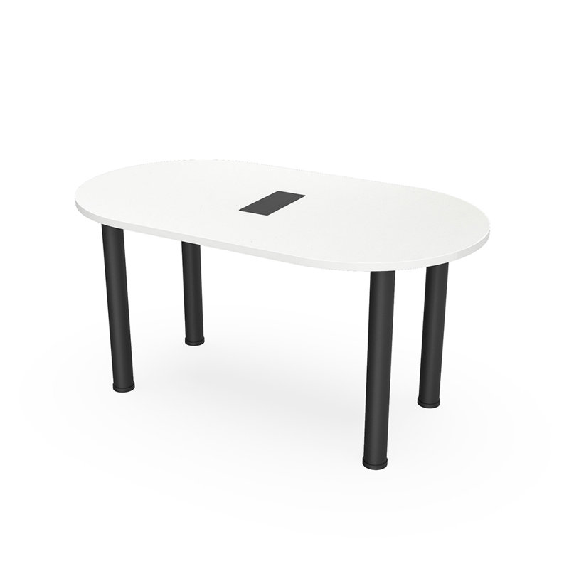 Table de conférence Racetrack avec puissance et données avec pieds en poteau argenté, L 60 po x l 36 po, Blanc classique