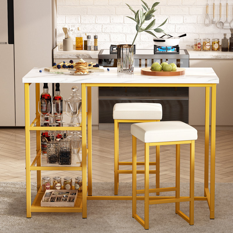 Ritsuko 3 Pieces Rectangular 41.3'' L x 23.6'' W Dining Set with Shelves and Upholstered Stools