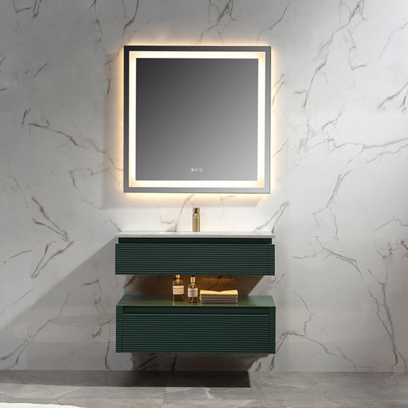 Meuble-lavabo simple mural moderne en bois massif de 36 po avec plateau en marbre et lumière, Vert