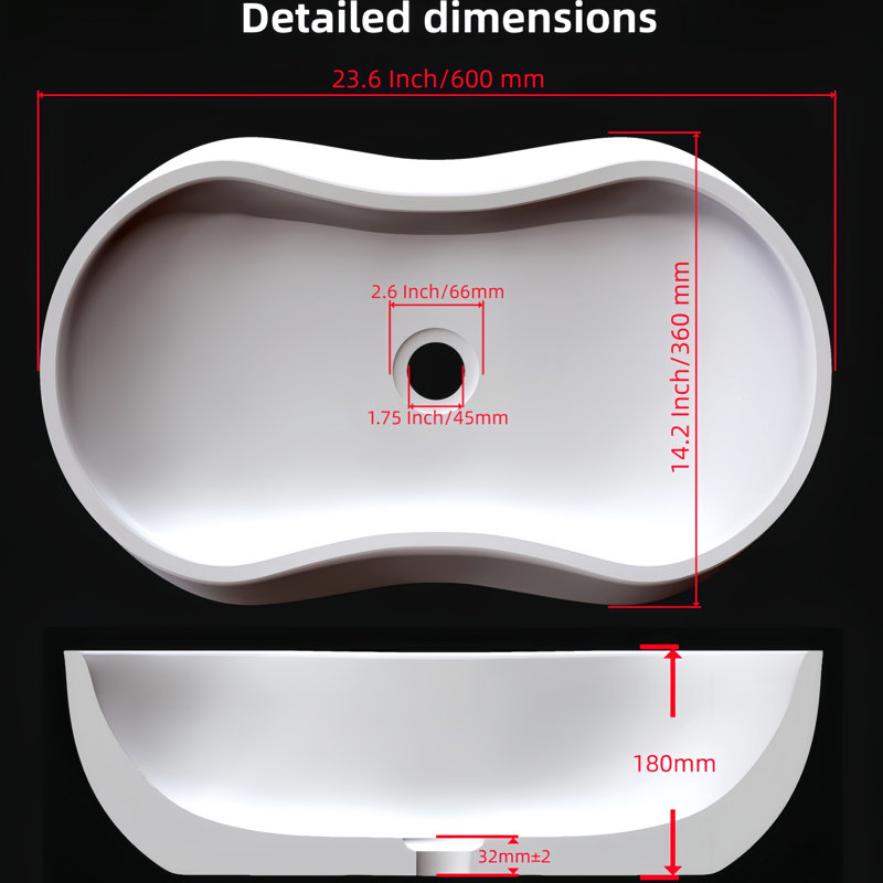 Lavabo vasque en marbre naturel blanc, 23,6 po x 14,2 po x H 7,1 po, conception ondulée, salle de bain spacieuse avec 7,1 po de hauteur, semi-polie et élégante