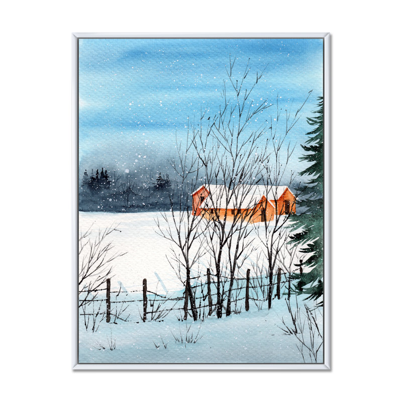 Un paysage d'hiver avec des maisons enneigées - reproduction sur toile, H 20 po x l 12 po x P 1 po, Cadre flottant blanc