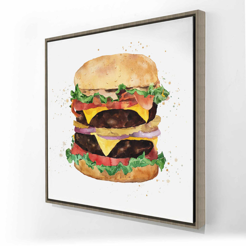 Watercolor Cheeseburger Canvas | Kitchen Decor Brown Frame