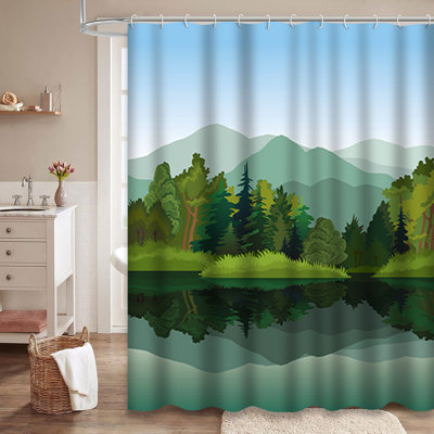 Mountains Green Trees Blue Lake Landscape Shower Curtain with 12 Hooks