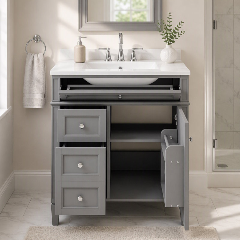 Meuble-lavabo 30 po avec lavabo supérieur, meuble-lavabo moderne avec 2 tiroirs et un tiroir basculant, meuble-lavabo simple
