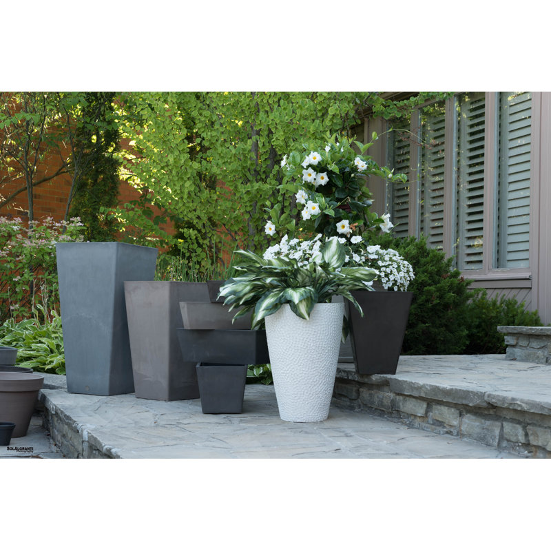 Weathered White Large Round Outdoor Planter with Hammered Texture