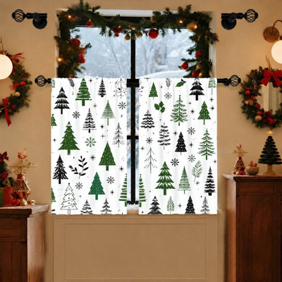 2Pcs Christmas Tree Print Curtains, Light Filtering Fabric, Decorative Winter Pattern with Pine Branches and Snowflakes, Rod Pocket Design, for Living Room, Bedroom, Balcony, Kitchen Home Decoration