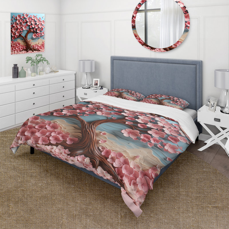 Ensemble de housse de couette arbre rose et mauve Essence II, Housse de couette pour grand lit et 2 taies décor