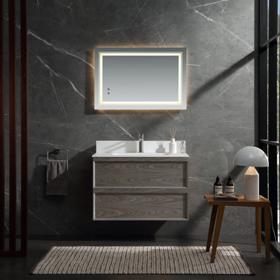 Meuble-lavabo mural moderne en bois naturel 24 po avec lavabo Mid-Century