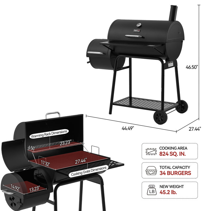 Royal Gourmet 28" Barrel Charcoal Grill with Smoker and Front Table