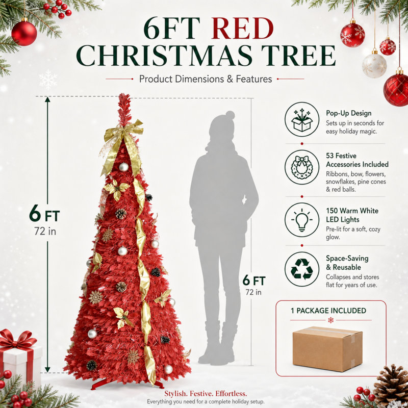 Sapin de Noël rouge pliable avec 150 lumières DEL blanc chaud