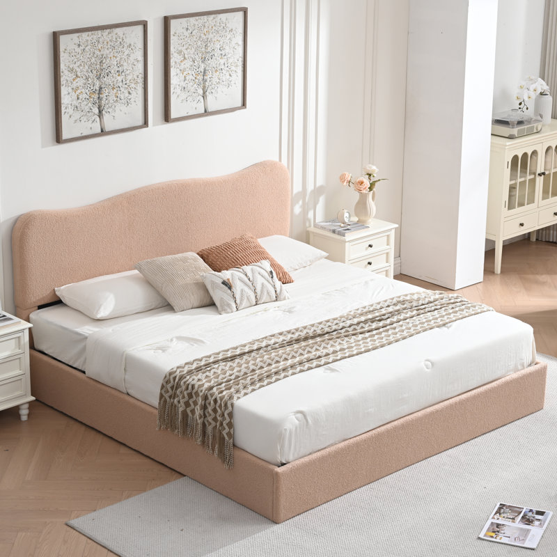 Lit plateforme tapissier Bensu Boucle, Très grand, Rosé