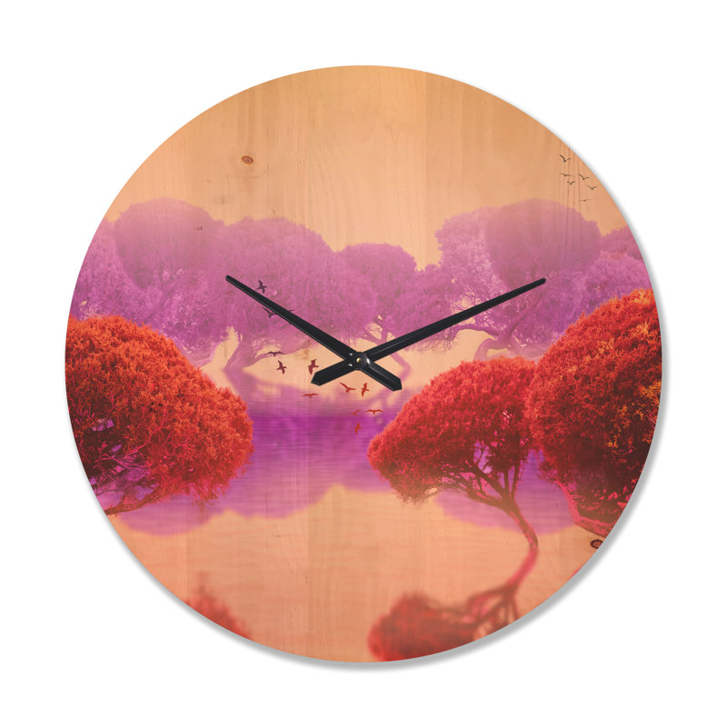 Jardin japonais rouge et mauve - Horloge murale moderne en bois, Grand