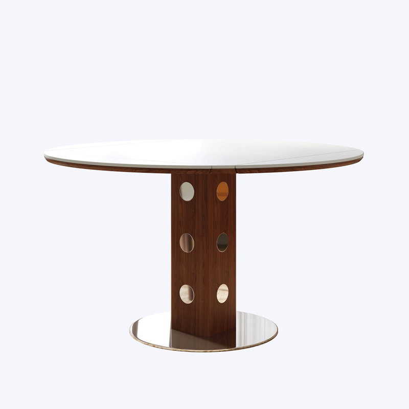 47.2" Extendable Multifunctional Round Dining Table For 4-6, Folding Kitchen Table With Drop Leaf, White Sintered Stone Top & Walnut Wood Column, Space-Saving For Small Apartments, Easy Assembly