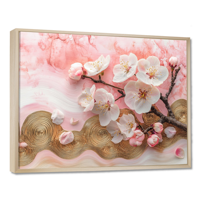 Fleur de pommier Cusick sur un sommet d'une rivière rose et blanche à l'encre I - Art mural Apple Blossom, Cadre flottant