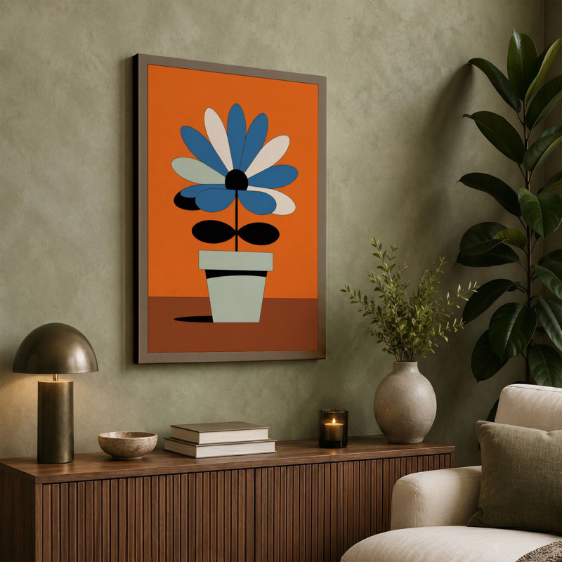 Geometric Daisy Bloom Mid-Century 1 Piece Wrapped Canvas Wall Art, 24x16 - 61.0 x 40.6 cm, Terracotta Border