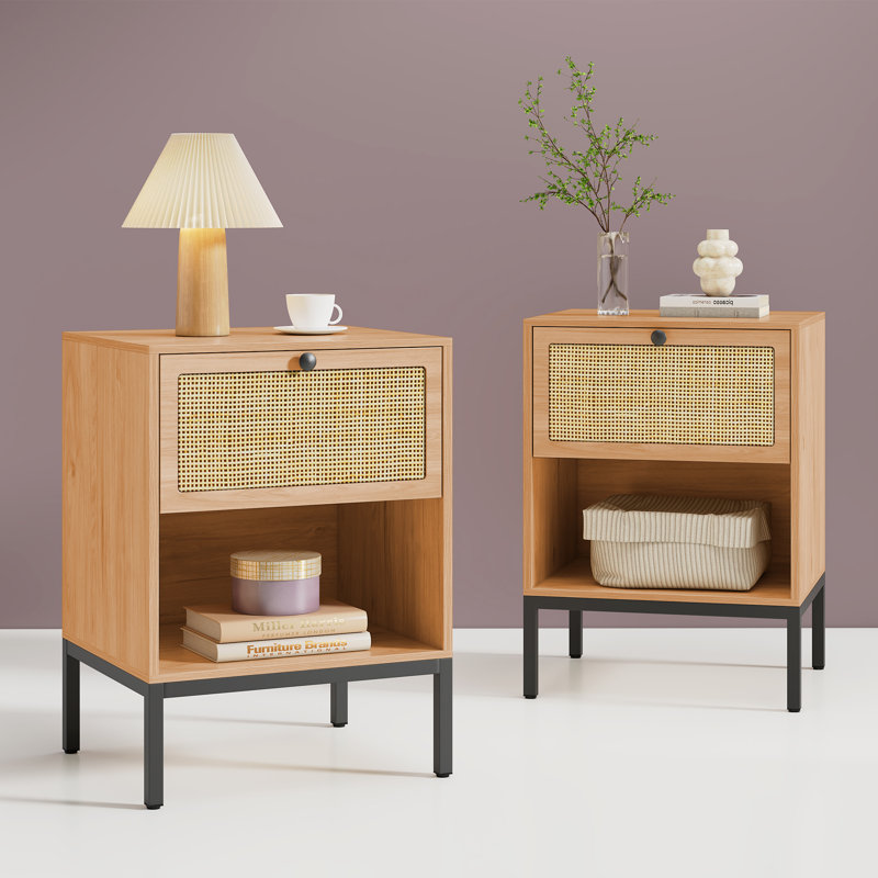 Bosonohy Boho Natural Rattan 1-Drawer Nightstand, Yellow Wood