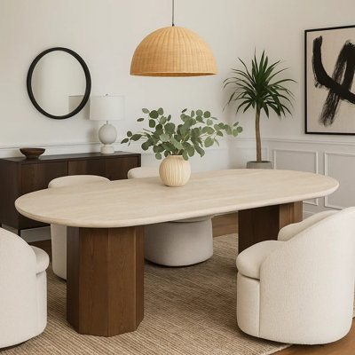 Table de salle à manger Hery, plateau en pierre de travertin beige ovale de 87 pouces, brun chêne